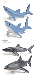 Detailed views of Mako Shark and Great White Shark miniature models from multiple angles