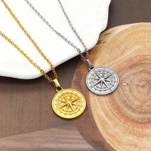 Collares con colgante de brújula vintage en acero inoxidable dorado y plateado grabado