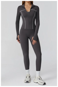 Detail of dark grey yoga set featuring thumbhole cuffs and white decorative zip piping