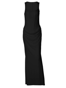 Elegant black sleeveless U-neck maxi dress with ruched waist and slim fit design