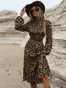 Elegant leopard print long-sleeve dress with high neck and waist belt in desert setting