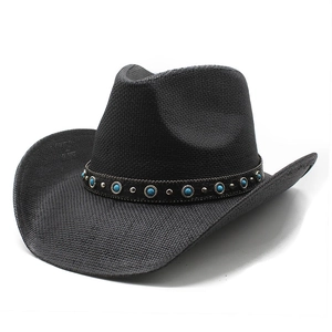 Western Cowboy Hat Woven Straw Wide Brim Sun Protection Summer Beach Vintage Ethnic Turquoise Rivet Band For Men Women