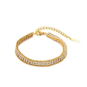 Double-layered 18K gold titanium steel bracelet featuring sparkling white zircon stones