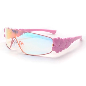 Trendy Y2K oversized rimless sunglasses with pink heart details and gradient lenses