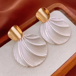 Vintage Round Alloy Dangle Earrings With Silver Earring Post Shell Texture Geometric Drop Ear Jewelry For Women Chic Fashion