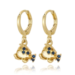 Elegant gold fish earrings set with yellow and blue cubic zirconia on white background