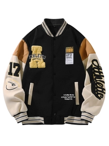Veste de baseball rétro américaine noire avec manches contrastées et broderie sport