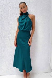 Detailed view of dark teal satin fabric texture and elegant high neck of the maxi dress