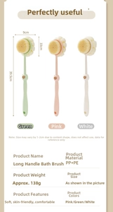 Dual-sided long handle bath brush with soft bristles and mesh sponge in 3 pastel colors