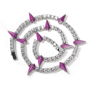 Hip hop silver tennis chain necklace with purple enamel spikes and clear cubic zirconia