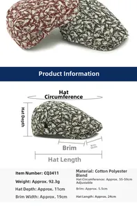 Size guide for ethnic beret hat showing measurements, material and adjustable strap info