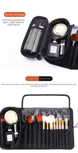 Detail view of the foldable makeup brush bag showing zipper mesh pocket and PVC dust cover
