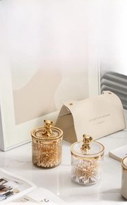 Detail of luxury acrylic organizer with vertical stripes and golden bear handle