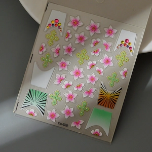 Detailed 3D floral nail stickers with pink flowers and green cross designs