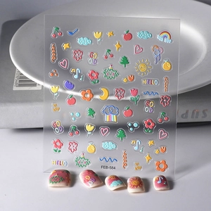 5D Relief Cartoon Nail Stickers For Kids Girls Cute Heart Flower Fruit 3D Embossed Nail Art Decals Waterproof DIY Manicure Decoration