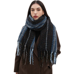 Winter Thick Polyester Striped Plaid Scarf With Tassels Soft Warm Large Shawl Wrap For Women Casual Outdoor Accessories