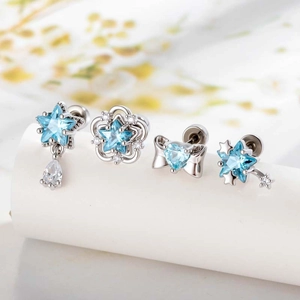 Light Blue Zircon Star Heart Bowknot Ear Bone Stud Titanium Steel Copper Screw Back Piercing Jewelry Fashion For Women