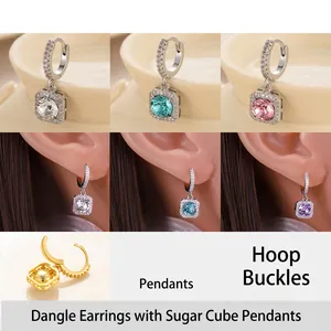 Square Cubic Zirconia Pendant Hoop Earrings Copper Halo Colorful Luxury Elegant Jewelry For Women
