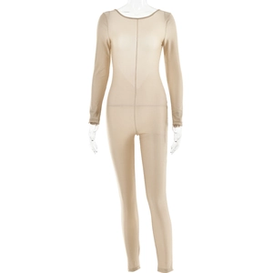 Detailed front view of a beige long sleeve body suit with vertical stitching details