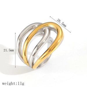 Modern intertwined geometric cut-out ring in two-tone gold and silver stainless steel