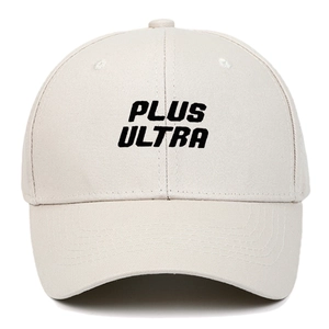 Beige cotton baseball cap featuring black Plus Ultra embroidery in a hip-hop street style