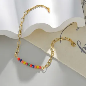 Minimalist gold chain bracelet with colorful faceted beads and adjustable S925 clasp