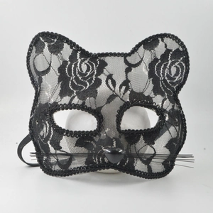Elegant black lace cat face mask with whiskers for Halloween cosplay and party costume