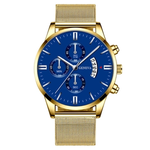 Men's fashion watch with gold stainless steel mesh strap and blue multifunctional dial