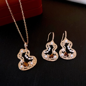 Collier Et Boucles D'oreilles Gourde Vintage Bijoux Alliage Zircon Künstliche Perle Oeil De Tigre Pierre Rétro Femmes