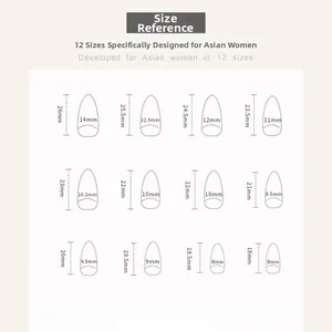 Detailed size chart for deep red press-on nails with 12 different length and width specs