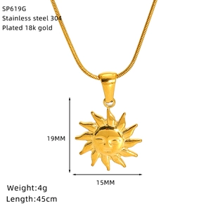 Detail of 18k gold plated sun pendant necklace showing 19mm size and stainless steel specs