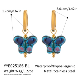 Detailed view of blue butterfly drop earrings with stainless steel hooks and dimensions