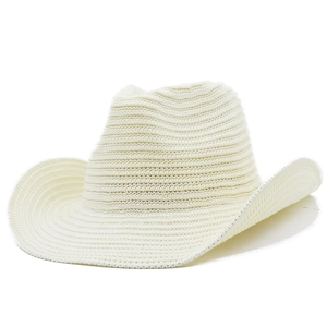 Classic cream-white woven straw cowboy hat with stylishly upturned brim on white background
