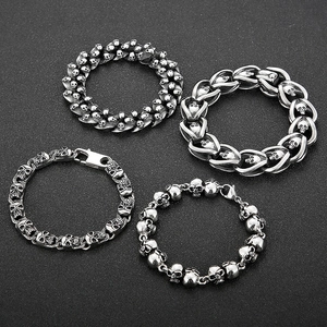 Vintage silver skull bracelets for men in four unique stainless steel gothic designs