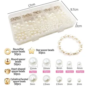 DIY jewelry making kit with pearl beads and gold spacers in a 15-grid storage box