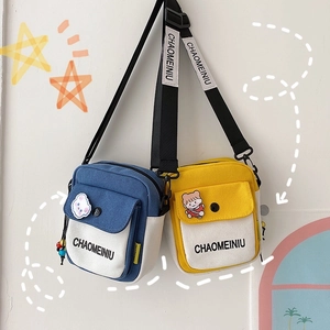 Canvas Crossbody Bag Women Small Square Shoulder Purse Color Block Cartoon Pin Student School Casual Messenger Bag