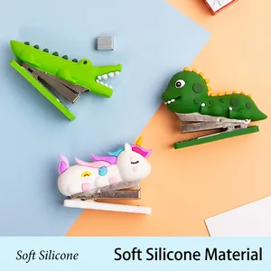 Portable cartoon mini stapler set with soft rubber animal designs for students