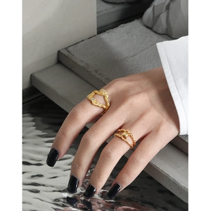 Irregular golden lava texture S925 silver ring with zircon stones in modern art style