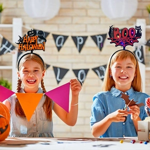 Light-up Halloween headbands with orange HAPPY HALLOWEEN and purple BOO glitter designs