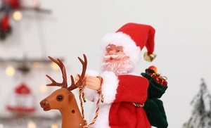 Detail of animated Santa Claus riding a reindeer toy with soft plush festive textures