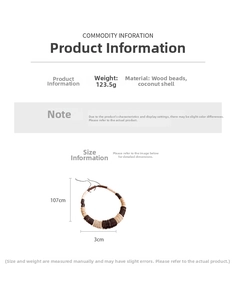 Detail view of ethnic wood and coconut shell beads necklace with dimensions and weight