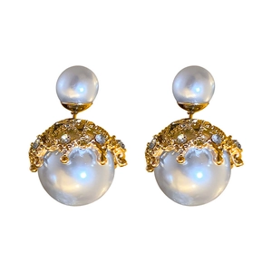 Elegant gold plated double-sided pearl stud earrings with crystal accents for women