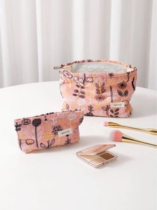 Pink floral embroidery makeup bag set with zip closure for portable cosmetic storage