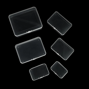 Set of six clear plastic storage boxes in various sizes for tool parts and accessories