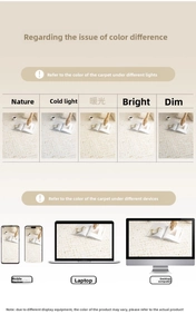 Detailed comparison of cream rug colors under different lighting and digital display screens