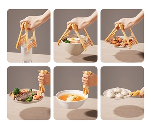 Detail view showing versatile usage of the anti-scald bowl clip holding various kitchenware.
