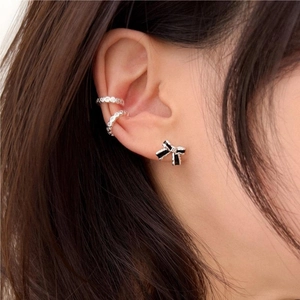 Elegant 925 sterling silver bow stud earring with two textured silver ear cuffs set