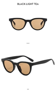 Front and side view of chic black sunglasses with light tea lenses on white background