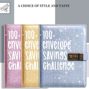 100 Envelope Savings Challenge binder with combination lock in pink, blue, and yellow