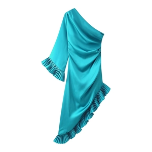 Robe Maxi En Satin À Une Épaule Ourlet À Volants Asymétrique Plissée Élégante Soirée Pour Femmes Bleu Ciel